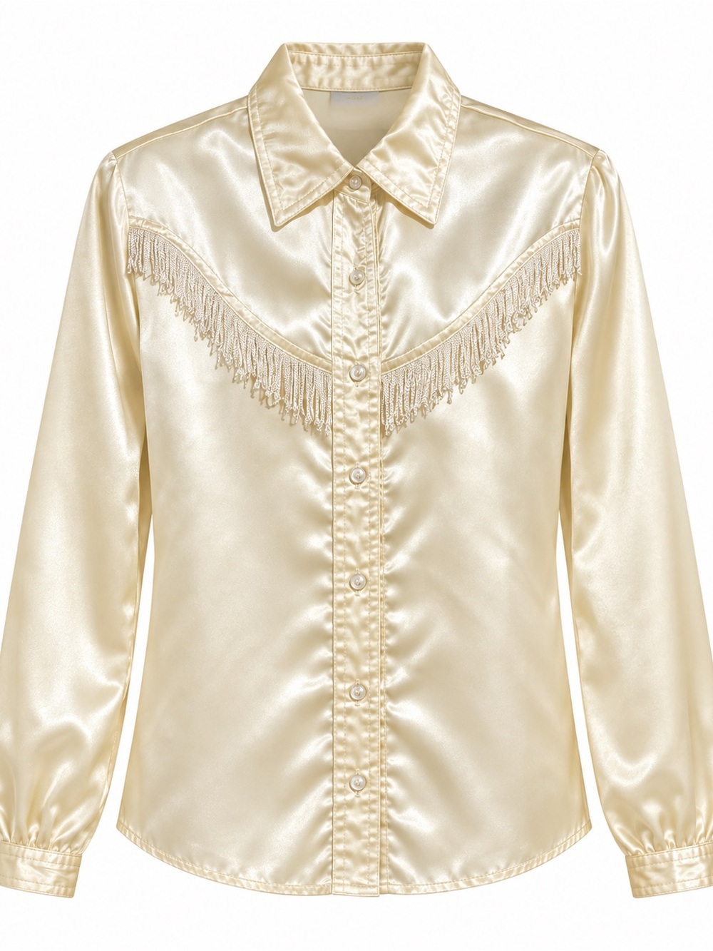 Fringed Satin Western-Style Shirt Jacket - Cream
